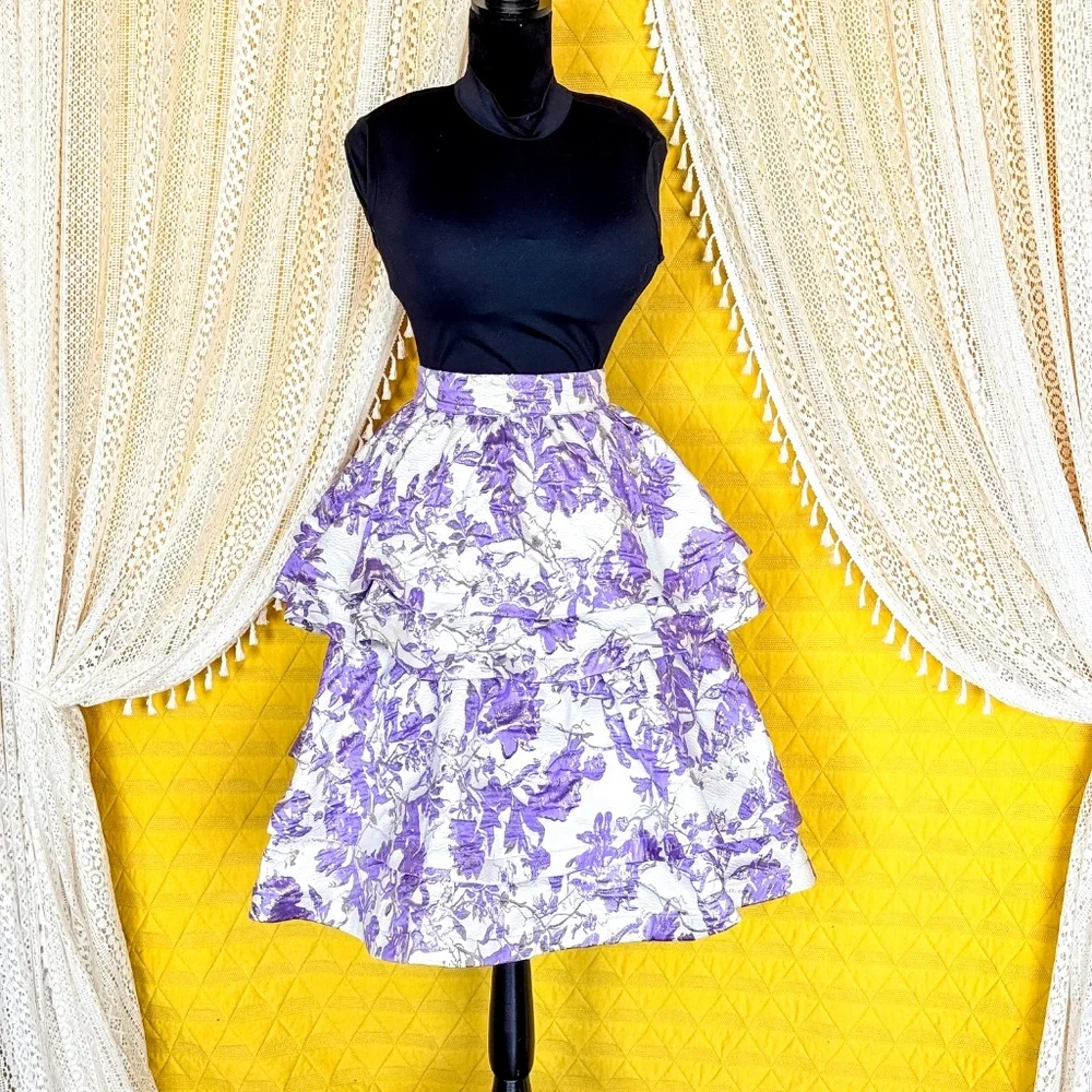 Buru Teagan Lavender Ruffle Tiered Brocade Midi Statement Dopamine Skirt Size S - Picture 7 of 15